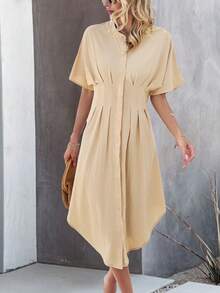 SHEIN Clasi Của phụ nữ Màu thuần tay cánh Xếp li Đầm - Màu be - Xem 6