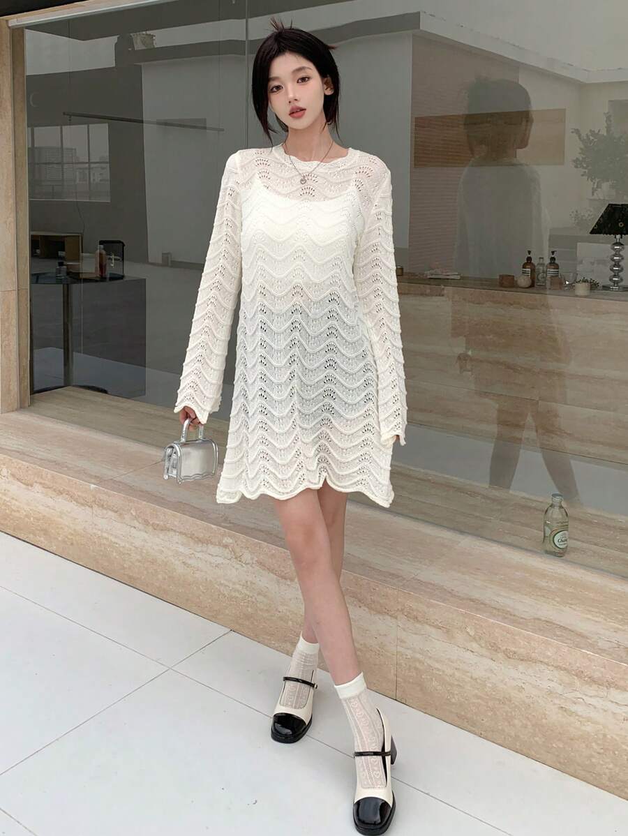 DAZY Women's Solid Color Hollow Out Long Sleeve Short Knitted Sweater Dress Sheer - Apricot - View 1