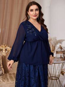 Modelyn Kích thước lớn Lưới thêu Cổ chữ V Áo sơ mi - Màu xanh hải quân - Xem 4