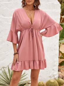 SHEIN VCAY 女士深v領波浪袖洋裝