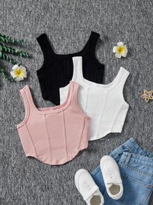 3 Piezas/juego De Tops Sin Mangas De Cuello Cuadrado De Punto Y Color Sólido Para Niñas Entre 10 Y 14 Años - Multicolor - Ver 1