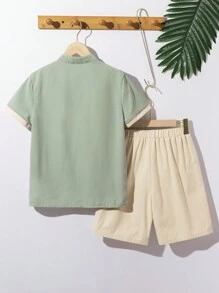 SHEIN 青少年男孩休闲立领短袖衬衫和短裤套装（中国风） - 綠色 - 查看 2