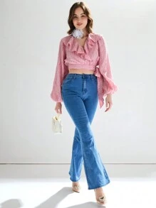 Enchnt Textured Romantic Pink Top With Ruffle Trim And Decorative Edge, For Date, Spring - Coral Pink - View 4