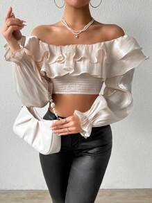 SHEIN Allurite Women's Off Shoulder Ruffle Trim Blouse - Apricot - View 3