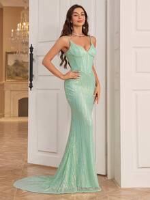Vestido De Noche De Sirena Brillante Con Piezas De Hueso De Pez Y Dobladillo Con Volantes - verde menta - Ver 5