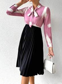 SHEIN Clasi 女士毛筆印花打結領長袖連衣裙 - 粉色 - 查看 4
