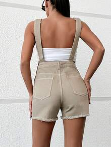 SHEIN Cottnline Women's Frayed Denim Overall Shorts - Brown - View 2