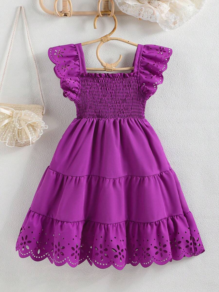Elladie kids Young Girl Solid Color Shirred Dress - Purple - View 1