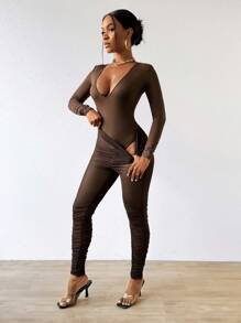 Zolique Women's Solid Color Long Sleeve Bodysuit And Pants Set Fall Cloth For Women - Coffee Brown - View 5