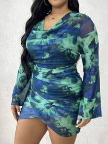Flirla Plus Size Women's Draped-Neck Tie Dye Long Sleeve Dress - Green - View 5