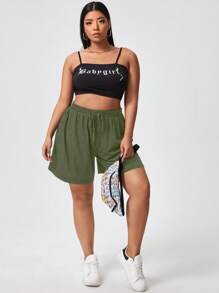 Flirla Plus Size Loose-Fit Solid Color Knit Shorts - Olive Green - View 4