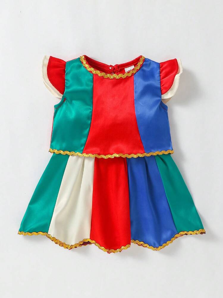 Newborn Baby Girls' Stylish Colorful Shiny Cap Sleeve & Color Block Top + Skirt Set, Cute Elegant For Party & Dance Occasions
