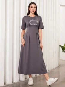 Seusyu 女款口號印花束腰針織裙 - 灰色 - 查看 1