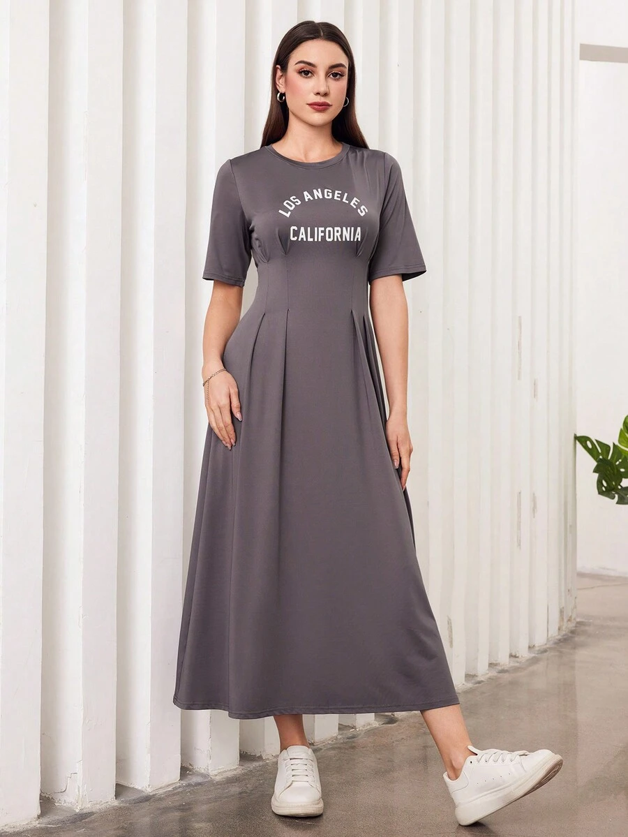 Seusyu 女款口號印花束腰針織裙 - 灰色 - 查看 1