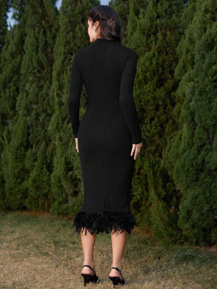 Women's Slim Fit Feather Patchwork Stand Collar Bodycon Dress