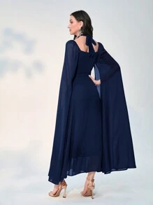 Modelyn 女士斗篷袖荷葉領連身裙 - 寶藍色 - 查看 2