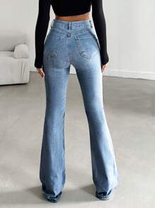 RueChic 98%Cotton Ladies' Slant Pocket Casual Flared Jeans - Light Wash - View 2