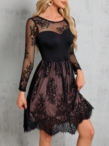 SHEIN Clasi Lace Patchwork Belted Dress, Semi Formal Dress
