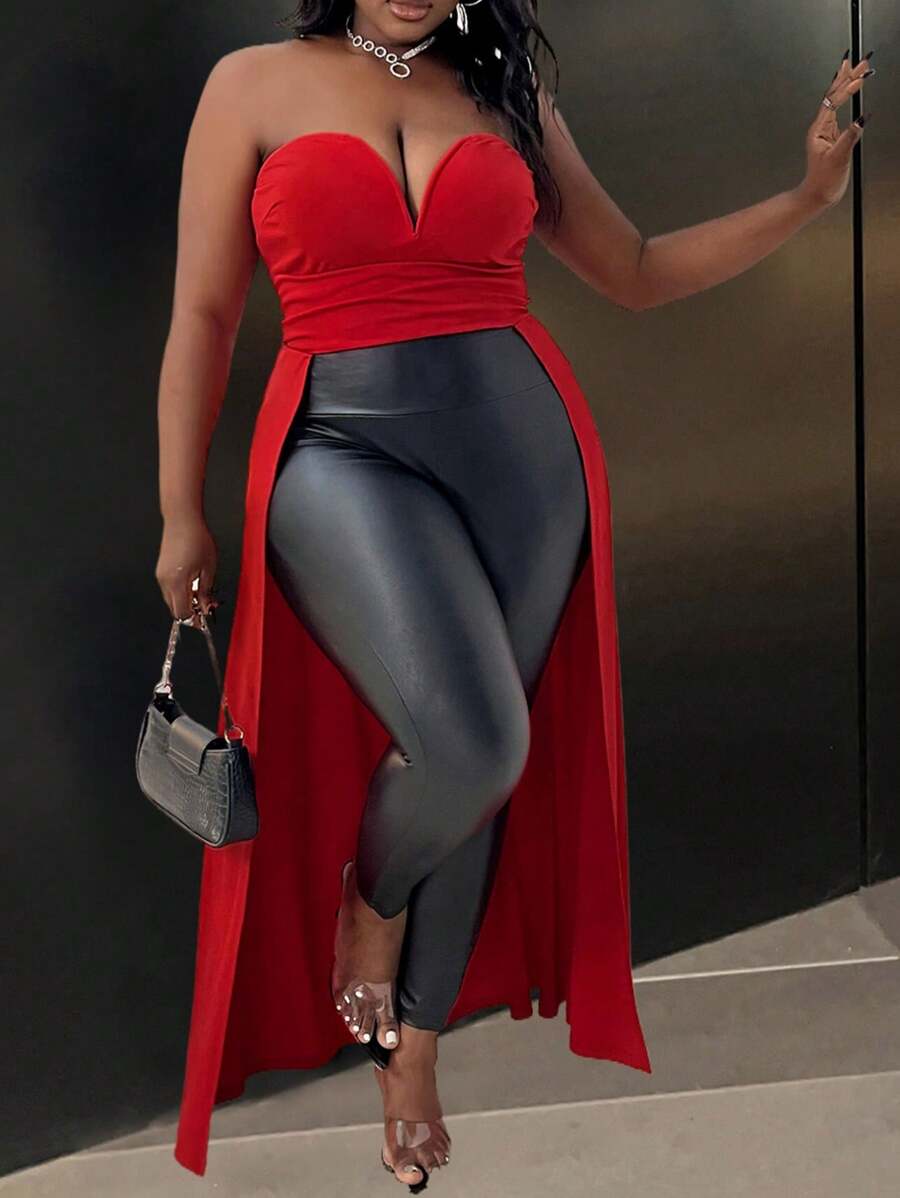 Slaydiva Áo ống hở vai màu đỏ ngày lễ tình nhân cỡ lớn gợi cảm, Áo đêm hẹn hò, Áo trễ vai - Đỏ - Xem 1