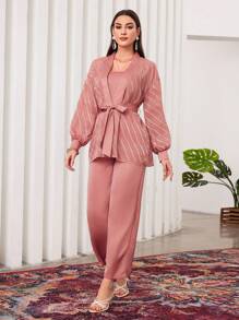 Modelyn Của phụ nữ Màu thuần Tay áo lồng đèn Áo Với thắt lưng Và Quần ống rộng Bộ - Hồng - Xem 4