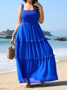 SHEIN VCAY Plus-Size Women's Shirred Ruffle Hem Cami Dress - Multicolor - View 3