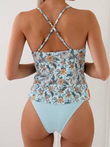 SHEIN Swim 夏季沙灘花卉印花交叉背心泳裝套裝 - 彩色 - 查看 2
