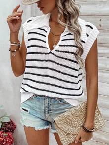 SHEIN Frenchy Sọc Thủ công Dệt kim Tay áo mũ Áo len vest - Đen và trắng - Xem 4