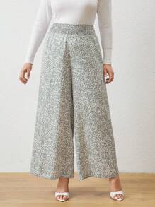 SHEIN LUNE Pantalones de pierna ancha con estampado floral pequeño para tallas grandes - Albaricoque - Ver 1