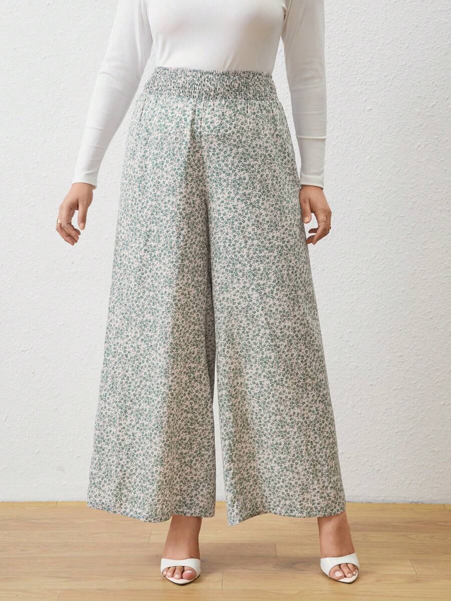 SHEIN LUNE Plus Size Wide Leg Pants With Ditsy Floral Print - Apricot - View 1