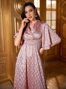 Women's Arab Style Checkered Dress With Shirred Waist And Golden Print - Pink - View 6