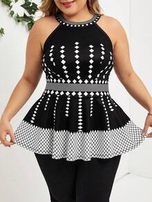 SHEIN Lady 大码露肩印花收腰时尚上衣 - 黑與白 - 查看 5