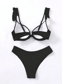 SHEIN Swim Summer Beach Frill Trim Push Up Bikini Set - Black - View 8