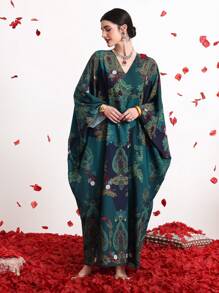 Divindia 女款植物印花蝙蝠袖連衣裙