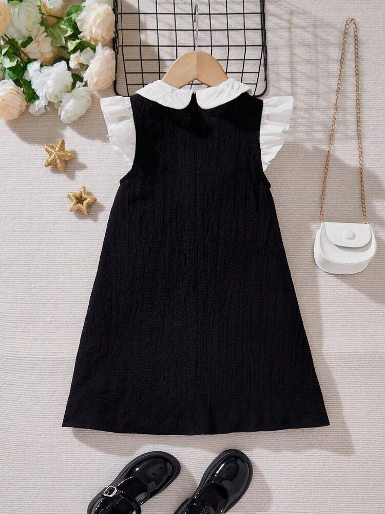 Young Girl Sweetheart Color Block Peter Pan Collar Midi Dress With Short Cap Sleeve