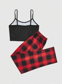 ROMWE Grunge Punk 哥特式蜘蛛印花吊带背心和格子裤睡衣套装，学校 - 彩色 - 查看 2