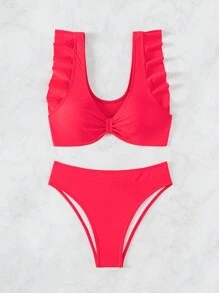 SHEIN Swim 夏季海滩女士纯色荷叶边比基尼套装 - 紅色 - 查看 7