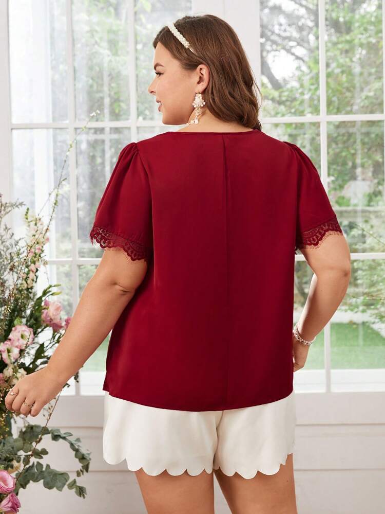 Plus Size Women's Lace Patchwork Puff Sleeve Wedding Red Shirt