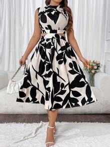 Breezaya 大尺碼女款立領植物印花側腰鏤空長洋裝 - 彩色 - 查看 7