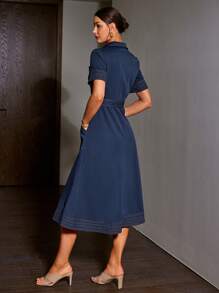 Women's Spring/Summer Denim Effect Collared Colorblock Button Front Pocket Belt Casual Short Sleeve Dress, Retro Style - Blue - View 2