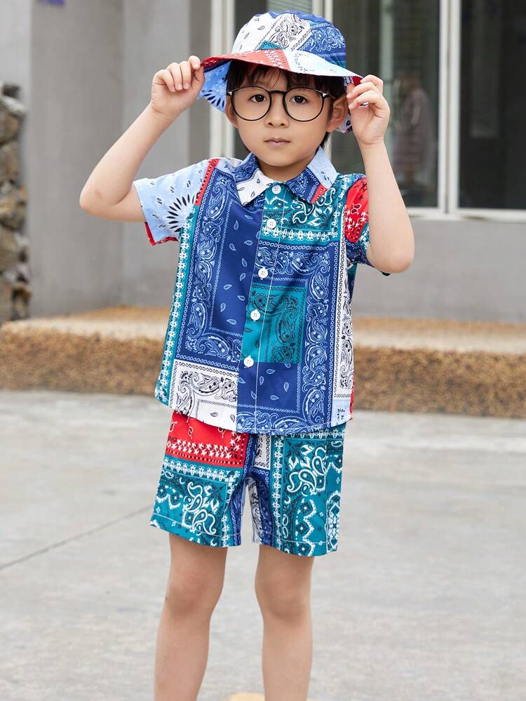 Young Boys' Paisley Print Short Sleeve Shirt And Shorts Vacation 2 Pieces Set