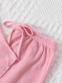 少女粉色简约吊带背心长袖休闲两件套睡衣套装 - 粉色 - 查看 4