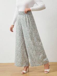 SHEIN LUNE Pantalones de pierna ancha con estampado floral pequeño para tallas grandes - Albaricoque - Ver 3
