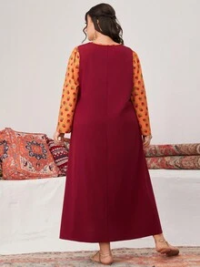 Al Najma 勃艮第红色加大码拼色圆领花卉印花阿拉伯风格女式长袍 - 酒紅色 - 查看 2