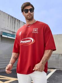 Manfinity Roughcore Nam Kích thước lớn Vòng cổ màu trơn Áo thun Với In thư - Màu Đỏ Sâu - Xem 5