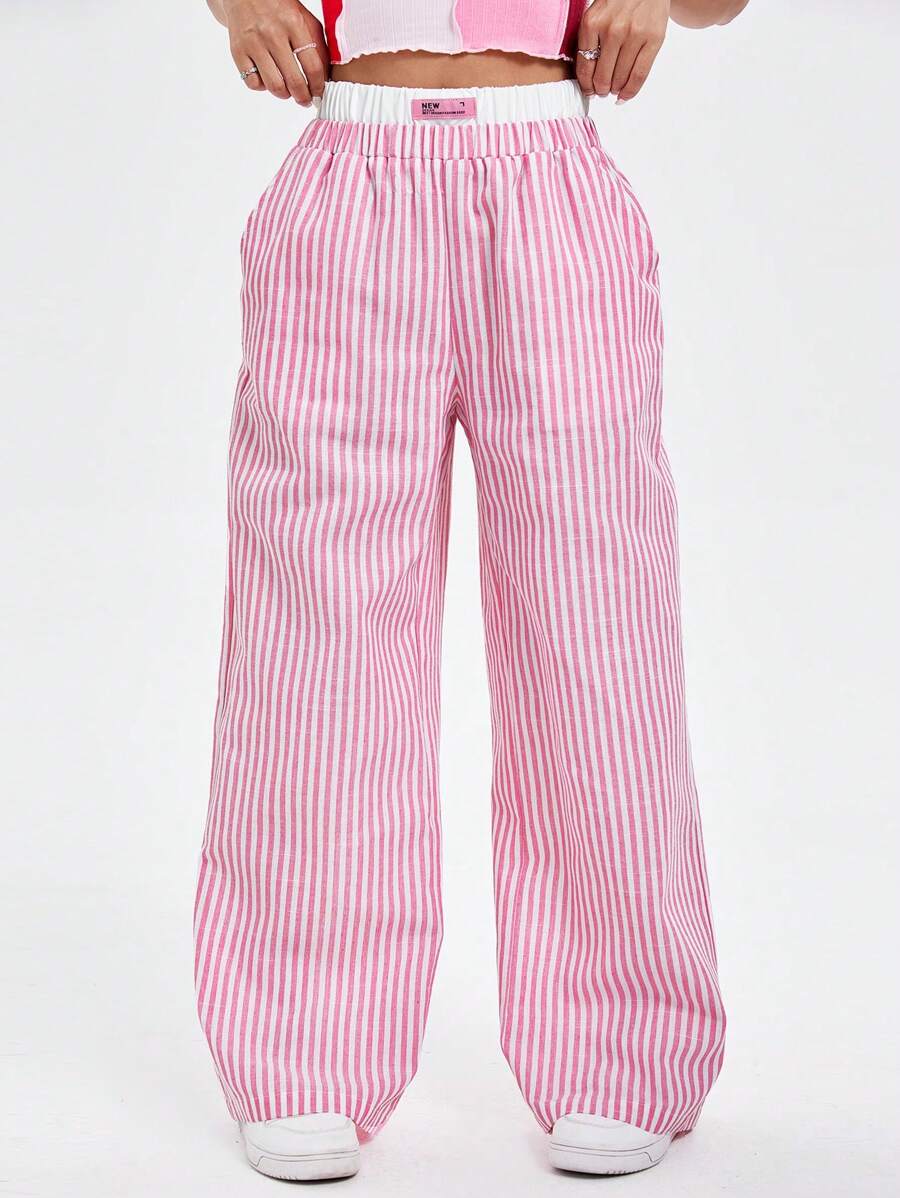 SHEIN MOD Women's Elastic Waist Striped Color Block Wide Leg Pants - Multicolor - View 1