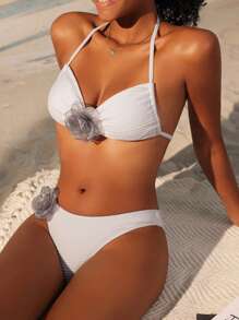 SHEIN Swim Women's Bikini Set With 3d Flower Decoration Summer Beach - Multicolor - View 4