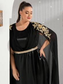Modelyn Plus Size Women's Embroidered Cape Sleeve Arabic Dress,Elegant Evening Party Dress Long Evening Dresses