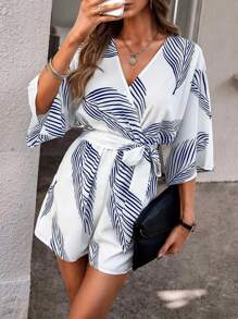 SHEIN LUNE 樹葉印花交疊領蝙蝠袖腰帶連身褲 - 白色 - 查看 1