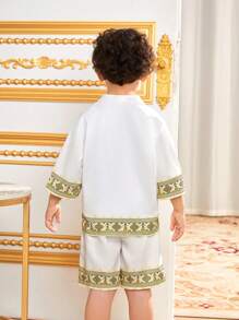 SHEIN Young Boys' Loose Casual Geometric Pattern Printed Long Sleeve Cardigan And Shorts Set - White - View 3