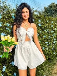 Soleia Women's Front-Tie Frill Edge Decorated Spaghetti Strap Romper - White - View 2